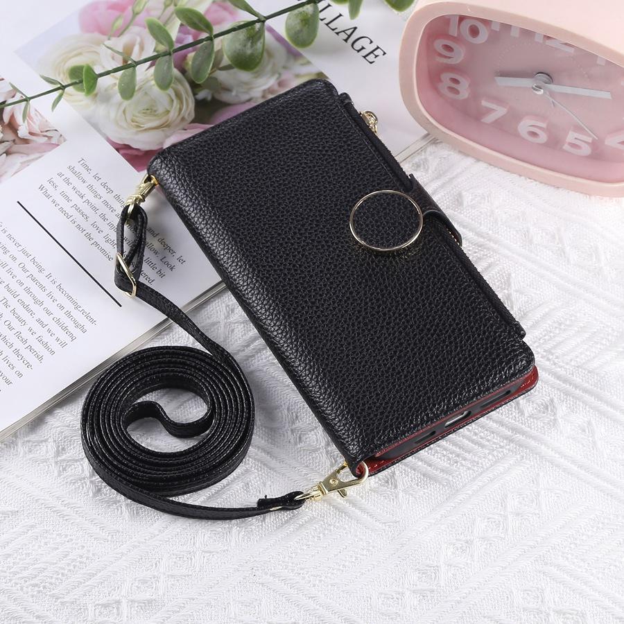 Für iPhone Litschi-Textur PU-Leder Brieftasche Handyhülle mit 3 Kartenfächern+Seitentasche mit Reißverschluss+Geldscheinfach Abnehmbares Schlüsselband Multifunktionale Handyhüllen iPhone 16 Pro