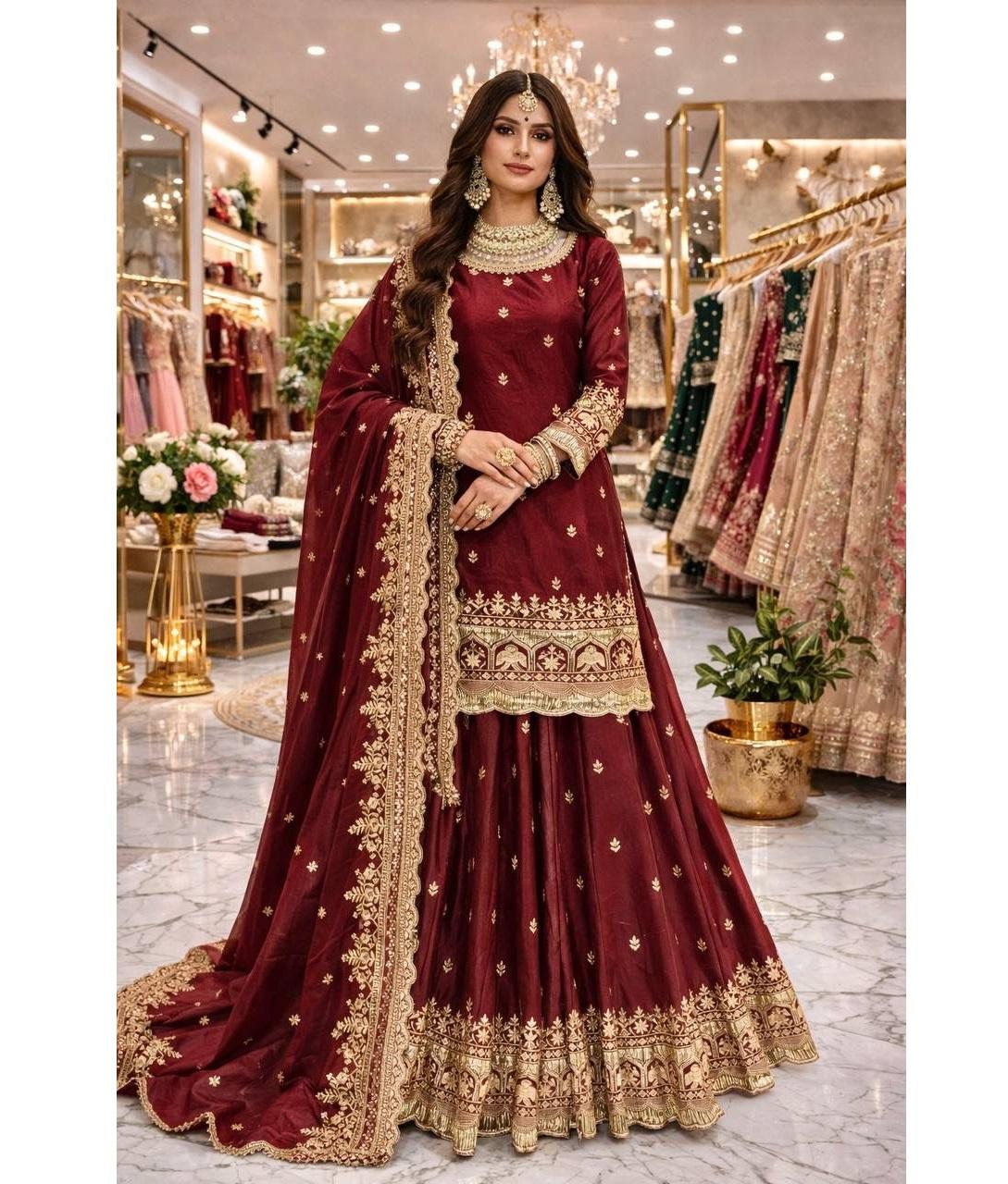 Damen Bollywood Party-Kleidung Hochzeits-Crop-Top Designer Indisches Salwar Kameez Oberteil Lehenga Dupatta Set 2XL rot
