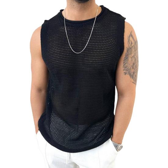 Herren Weste Rundhals Ärmellos Sommer Atmungsaktive Weste Einfarbig Hohl Strick Tops Fitness Home Wear XL schwarz