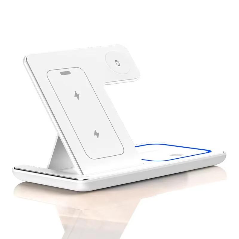 30W 3-in-1 Faltbarer LED Schneller Kabelloser Ladeständer Ladestation Für Apple 15 14 13 12 11 Apple Watch 9 8 7 6 5 Airpods Pro weiß