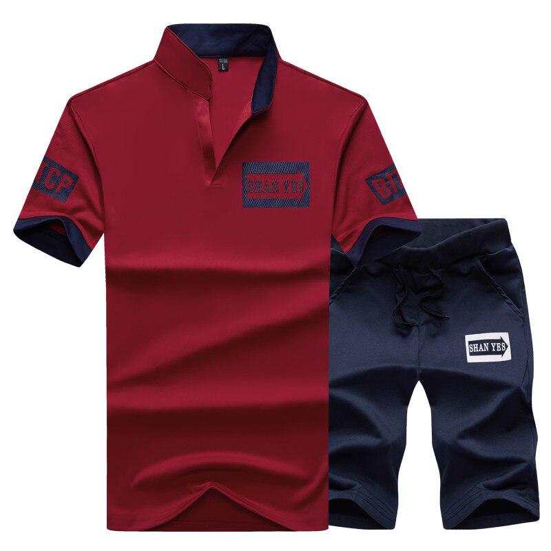 Sportanzüge Set Menfitness Anzüge Sommer Short Set Herren Stehkragen Mode T-Shirt Shorts Trainingsanzug L