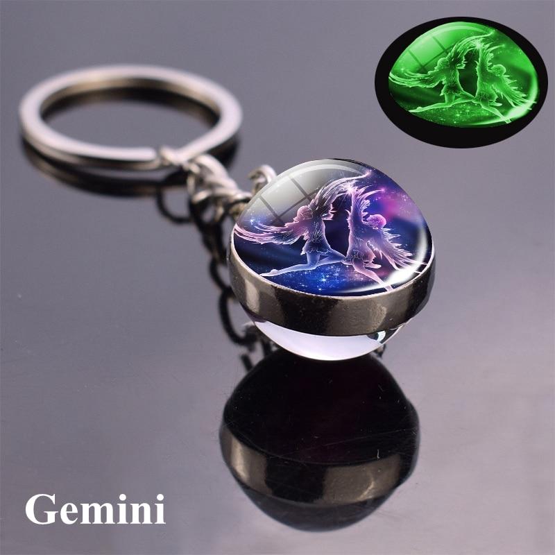 12 Konstellation Leuchtender Schlüsselanhänger Glaskugel Anhänger Sternzeichen Schlüsselanhänger Schlüsselanhänger Halter Männer Frauen Geburtstagsgeschenk Gemini blau