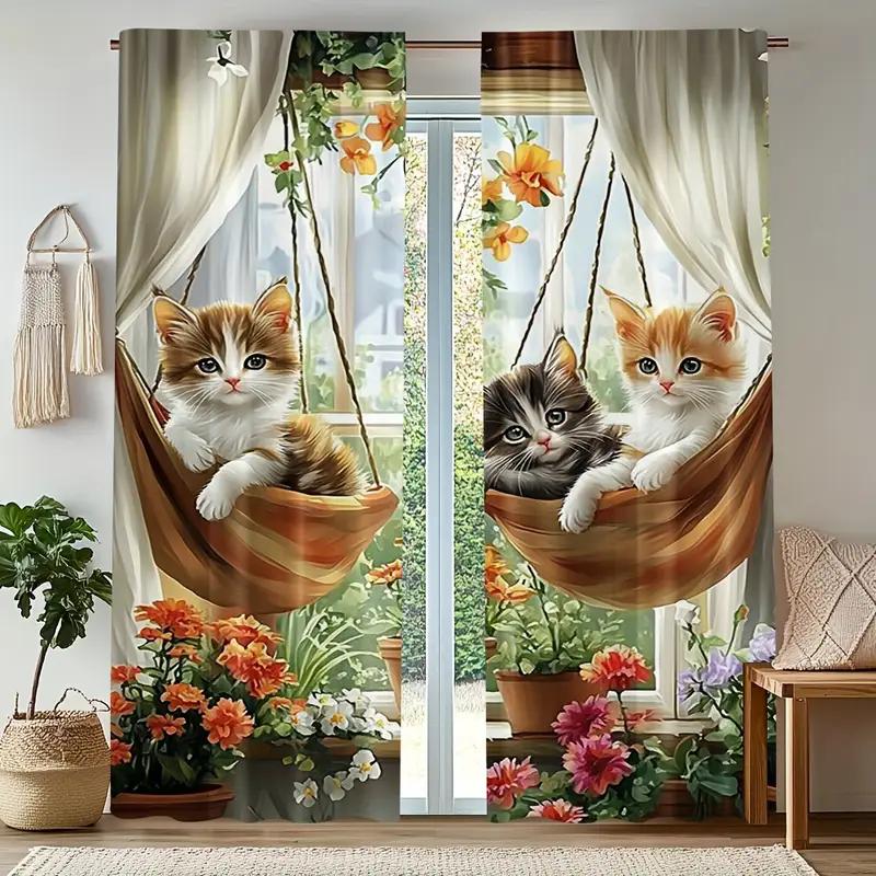 Charmante Katze Blumendruck Vorhänge Stangentasche Schlafzimmer Wohnzimmer Heimdekoration Vorhang Set von 2 Hergestellt Polyester Waschbar Fertig W100*H70(CM)-Rod Pocket&2PCS