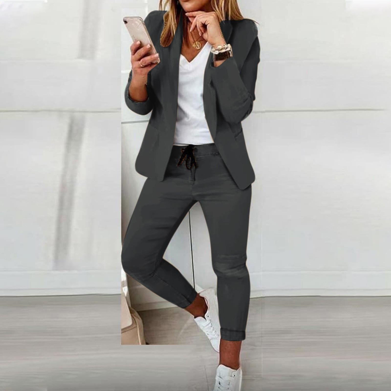 (Qunide) Damen-Cardigan, einfarbig, vorne mit offener Tasche, formeller Anzug, langärmelig, Hemd, Jacke, Hose XXL dunkelgraue