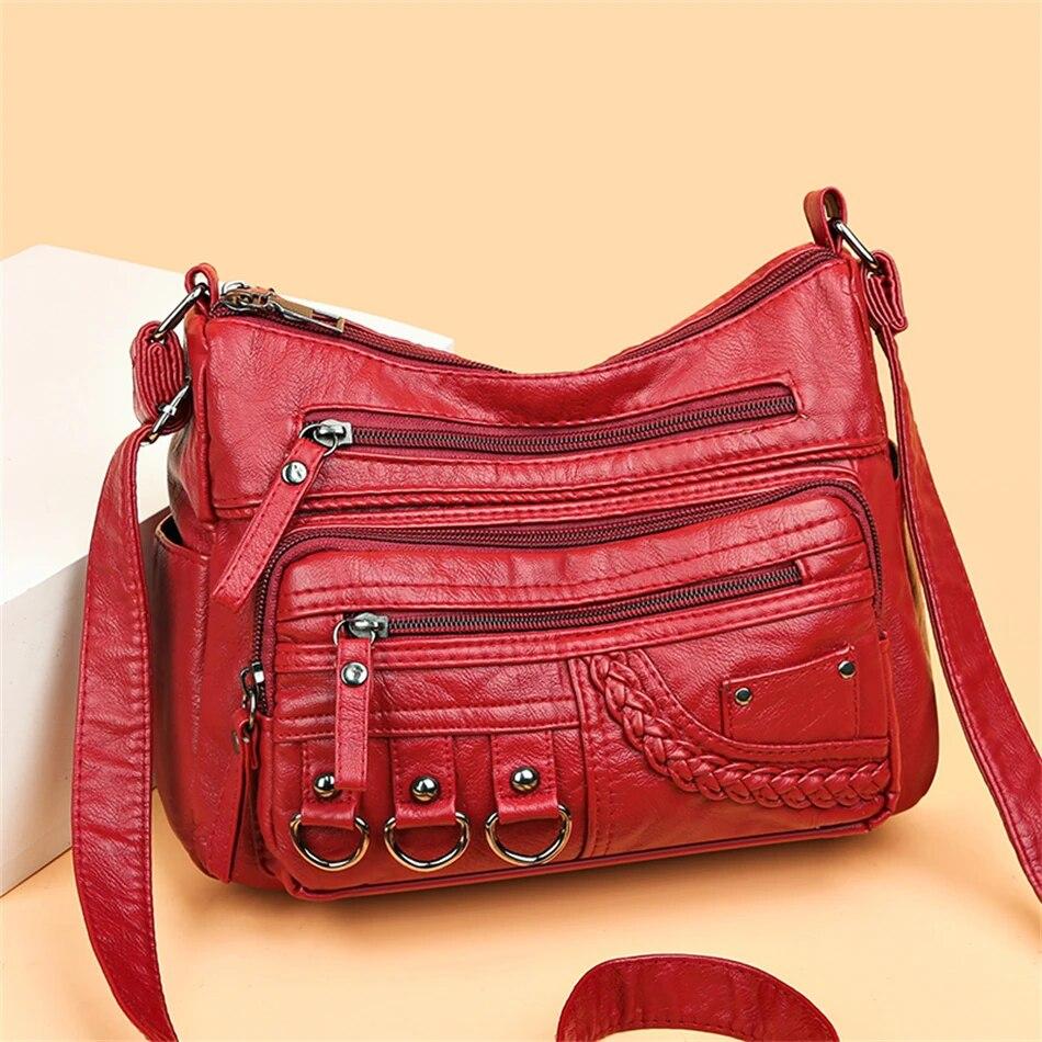Vintage Weiches Leder Luxus Geldbörsen und Handtaschen Hohe Qualität Damen Tasche Design Mehrfachtaschen Damen Umhängetaschen rot