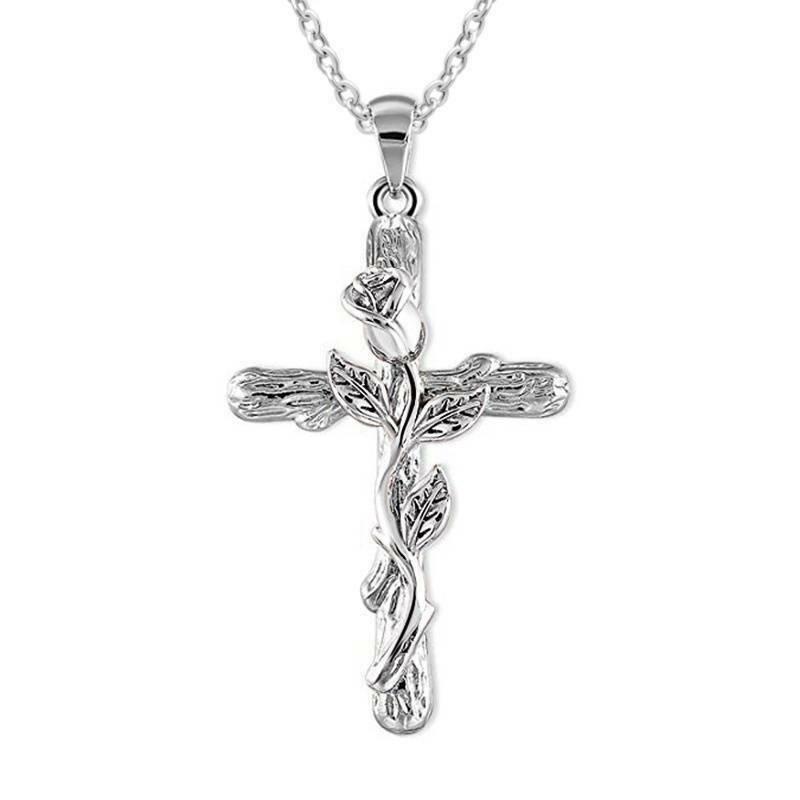 Rose Blume Kreuz Anhänger Kette Halskette Schmuck Geschenk für Frauen Schmuck Geschenk silber