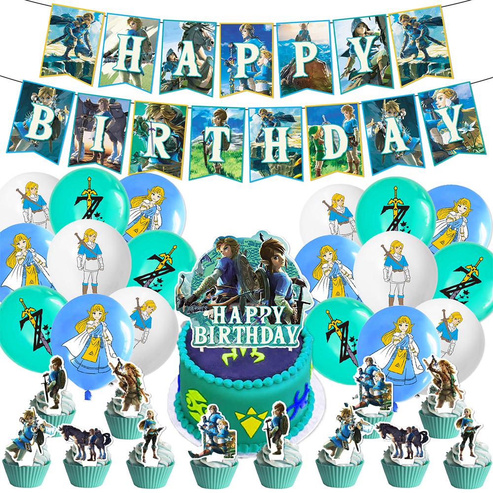 32-teiliges Zelda-Geburtstagsparty-Zubehör Enthält Banner, Ballons, Kuchenaufsätze