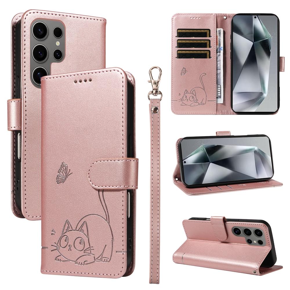 Magnetische Leder-Klapphülle für Samsung Galaxy S25 S24 S23 S22 S21 S20 Plus Ultra FE | Geprägtes Design mit Katze und Schmetterling Galaxy S24 FE
