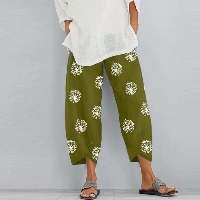 Frauen Vintage Harem Hosen Blumen Druck Elastische Taille Plus Größe Lose Hosen Baumwolle Leinen Breite Bein Hose Lose Sommer Hosen XXXXXL grün