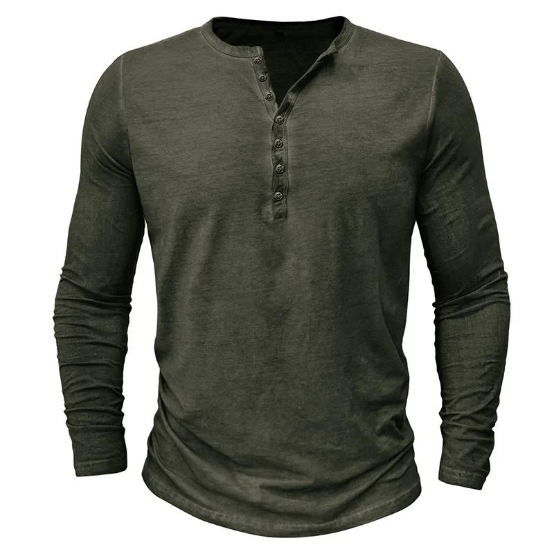 Herren T-Shirt Batik Henley Hemd Hemd Vintage Einfarbig Langarm Knopf Gewaschen Abgetragen V-Ausschnitt T-Shirt Herren Hemd 5XL armee grüne