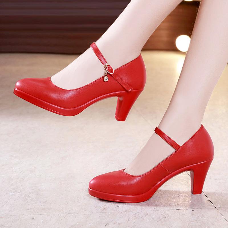 Arbeitsschuhe aus Leder mit dickem Absatz, Damen-High-Heels-Pumps-Schuhe 43 rot