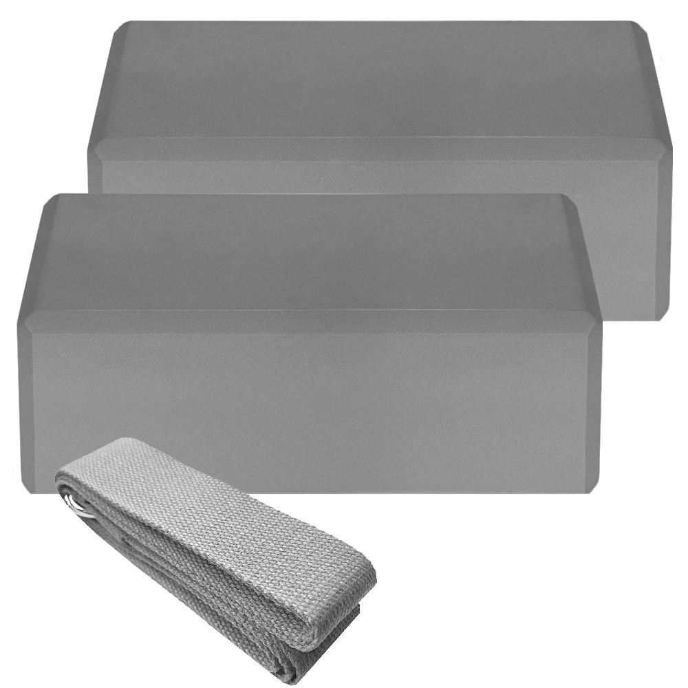 2 Stück EVA-Yoga-Blöcke, 1 Stück Baumwoll-Yogagurt, Stabilitätsblöcke, Yoga-Gurt-Set für Yoga, Pilates grau