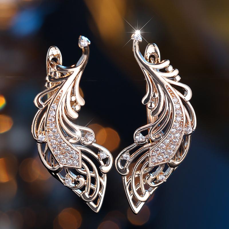 Luxus Gold Farbe Feder Ohrringe für Frauen Zirkon Hochzeit Party Ethnische Edlen Schmuck gold