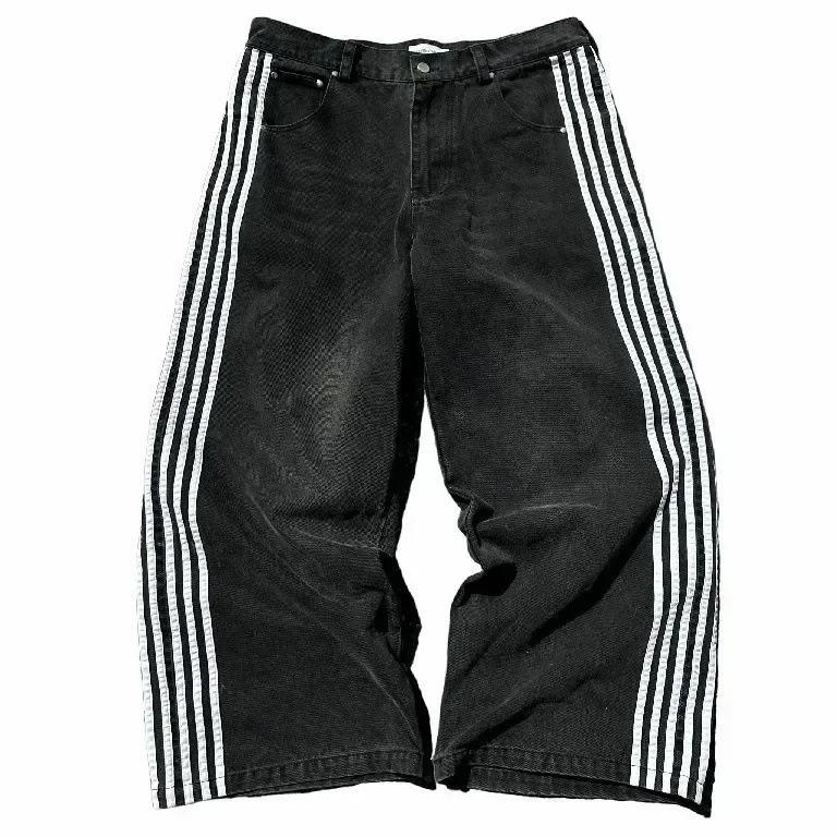 Unisex Streetwear Jeans Y2K Denim Hose Hip Hop Retro Gestreifte Bestickte Baggy Jeans Herren Damen Hohe Taille Hose mit weitem Bein XXL schwarz