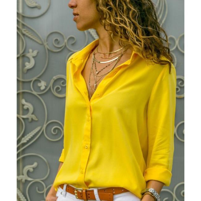 GMXIA Damenmode, lässig, Sommer, einfarbig, langärmelig, V-Ausschnitt, Blusen und Chiffon-Hemden M gelb