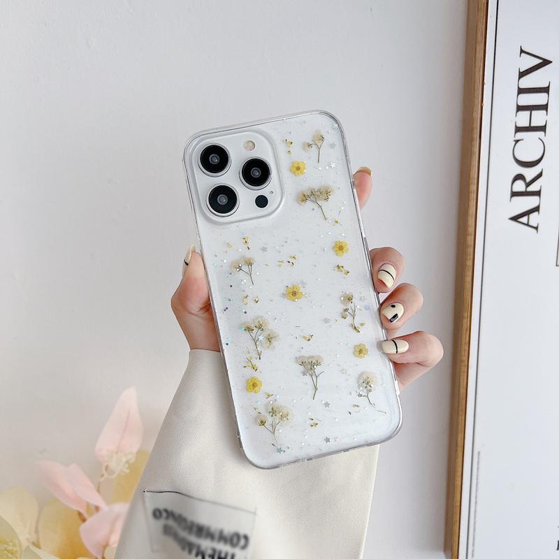 Handgefertigtes Handyzubehör Echte getrocknete gepresste Blumen Handyhülle für iPhone 17 Air 17 Pro Max 16 15 14 13 iPhone 16 Pro gelb