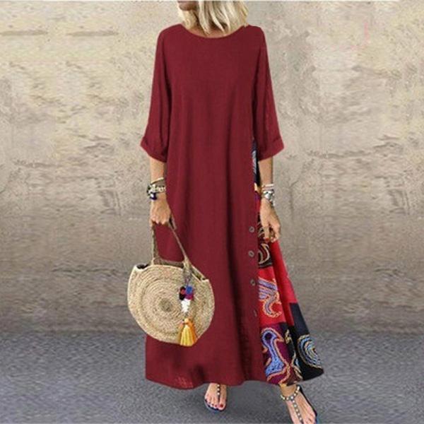Damenmode Casual Loose Big Swing Halbarm Langes Kleid Floral Holiday Maxikleid Plus Size Vestidos Longos Robe S wein rot