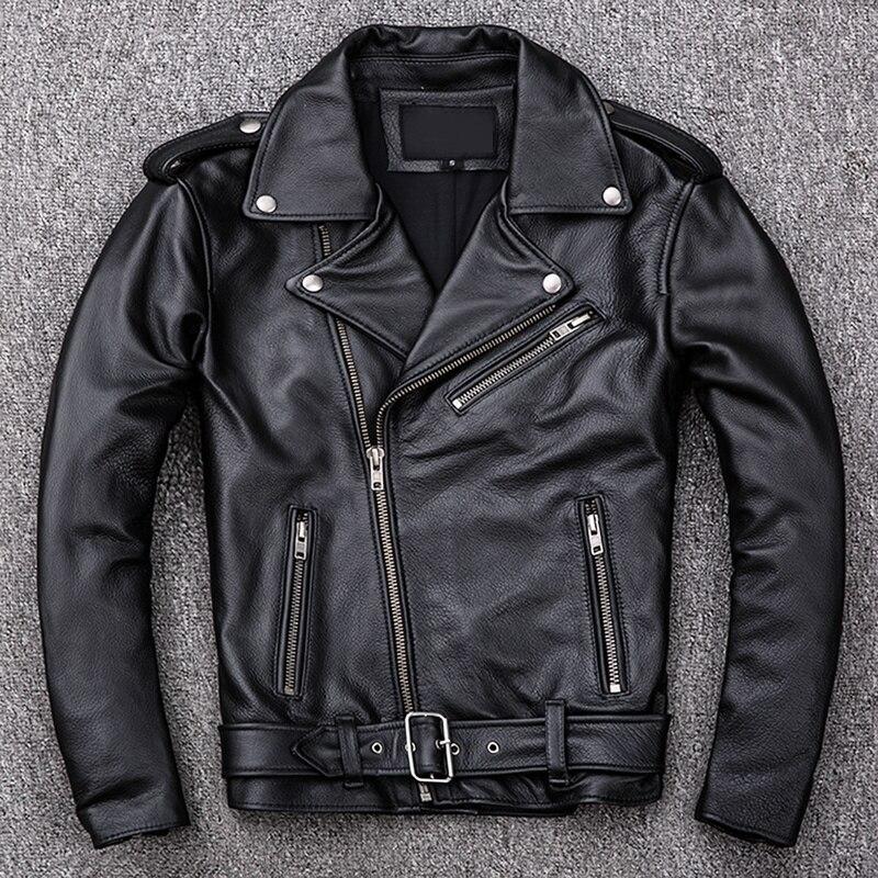 Neue Frühjahr Klassische Motorrad Oblique Zipper Jacken Männer Leder Jacke Natürliche Kalbsleder Dick Schlank Rindsleder Moto Jacke Mann XXXL black
