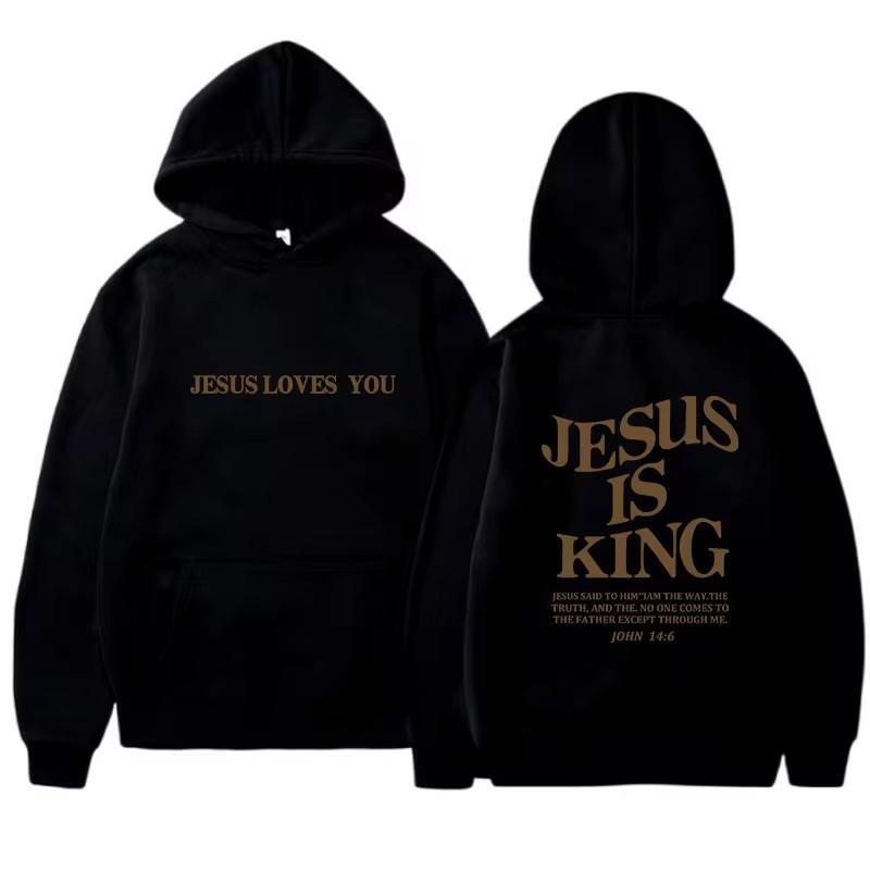 JESUS IS KING Herbst- und Winter-Kapuzenpullover für Damen, langärmlige Amazon-Kapuzenpullover, beidseitig mit Buchstaben bedruckte Damenbekleidung L schwarz