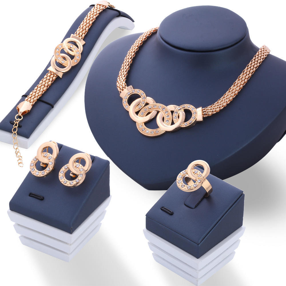 4-teiliges Kristall-Set: Halskette, Ohrringe, Ring, Armband – Luxus-Schmuckset für Damen, ideal als Geschenk zur Hochzeit oder Verlobung (KTJ) gold