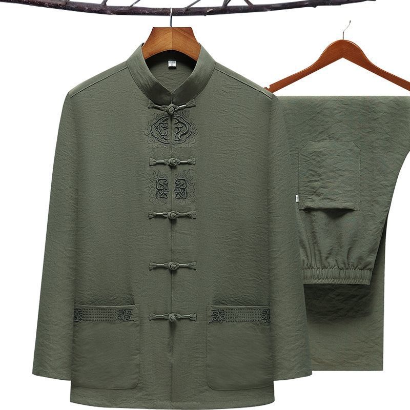 Übergröße Herren Kung Fu Anzug Stickerei Tang-Anzug Frühling Herbst 2-tlg. Hemd & Hose Traditionelle chinesische Tai Chi Kleidung 3XL 4XL 5XL XL grasgrüne