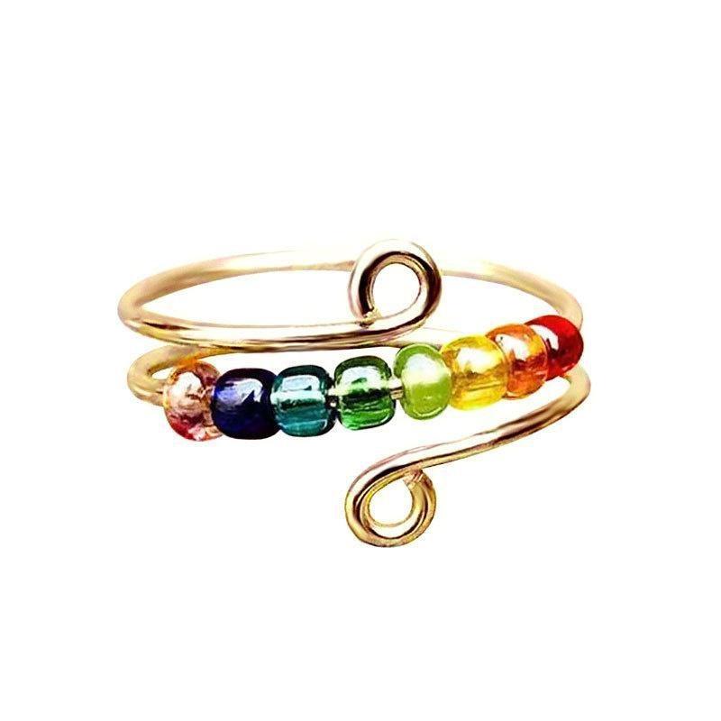 Dekompressionsring für Frauen, drehbar, Anti-Angst-Regenbogen-Perlen-Ring, Schmuck, verstellbar, offener Relief-Angst-Ring für Tochter, Ring, Mädchen-Geschenk