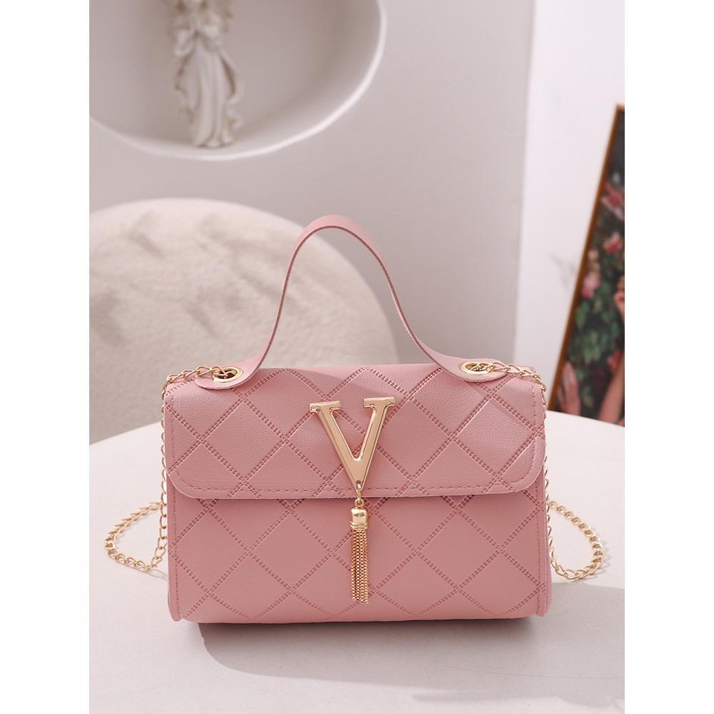 Geprägte Handtasche Einfache Klassische Kleine Quadratische Tasche Kleine Tasche Fransen Kette Tasche rosa