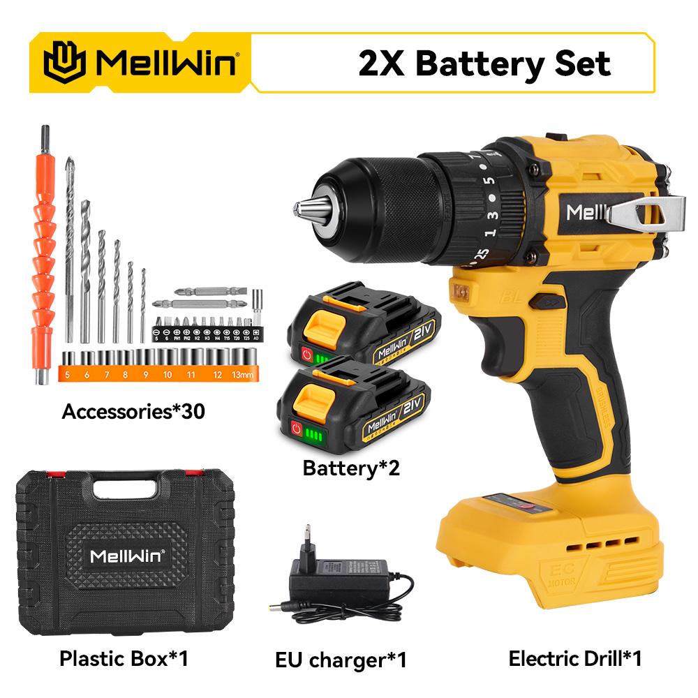 MELLWIN 13MM Bürstenloser Elektro-Bohrhammer 25+3 Drehmoment Flachbohrer Schraubendreher-Set Heimwerker Elektrowerkzeuge Für Makita 18V Akku 2 Battery Set