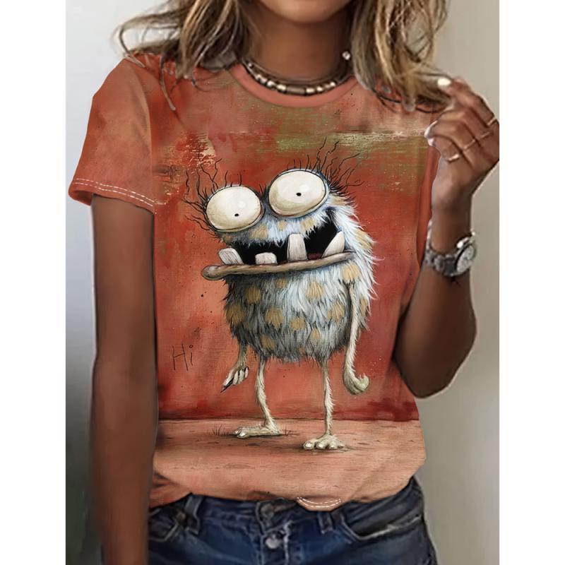 Lustiges Damen-T-Shirt mit Tiermotiven und 3D-Druck, T-Shirt mit süßen Tierfiguren, Harajuku, lässiges kurzärmeliges Oberteil, übergroße Damenkleidung XL