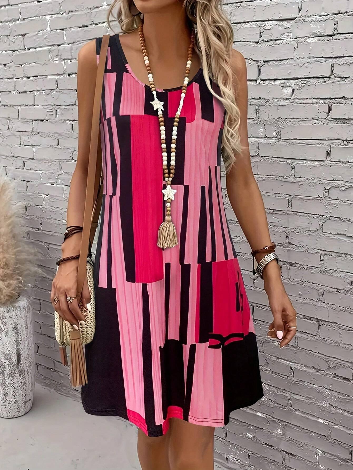 Ärmelloses Sommerkleid mit geometrischem Muster für Damen – perfekt für den Sommerurlaub. Ideal als Sommerkleid im Boho-Stil (Y2K). XL black
