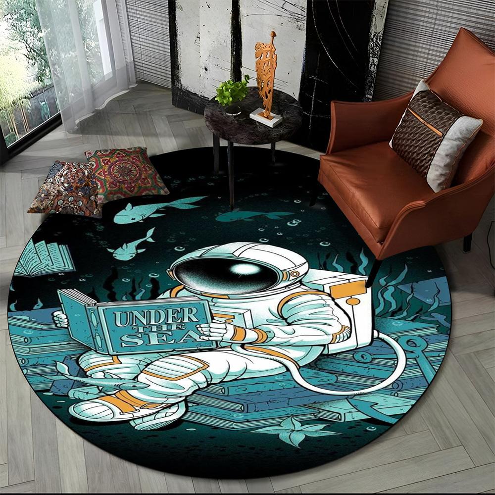 3D Astronaut Weltraum Cartoon Runder Teppich Teppich für Wohnzimmer Schlafzimmer Kinderspielzimmer Stuhl Dekor,Haustierbereich Teppich Rutschfeste Bodenmatte Diameter 120cm