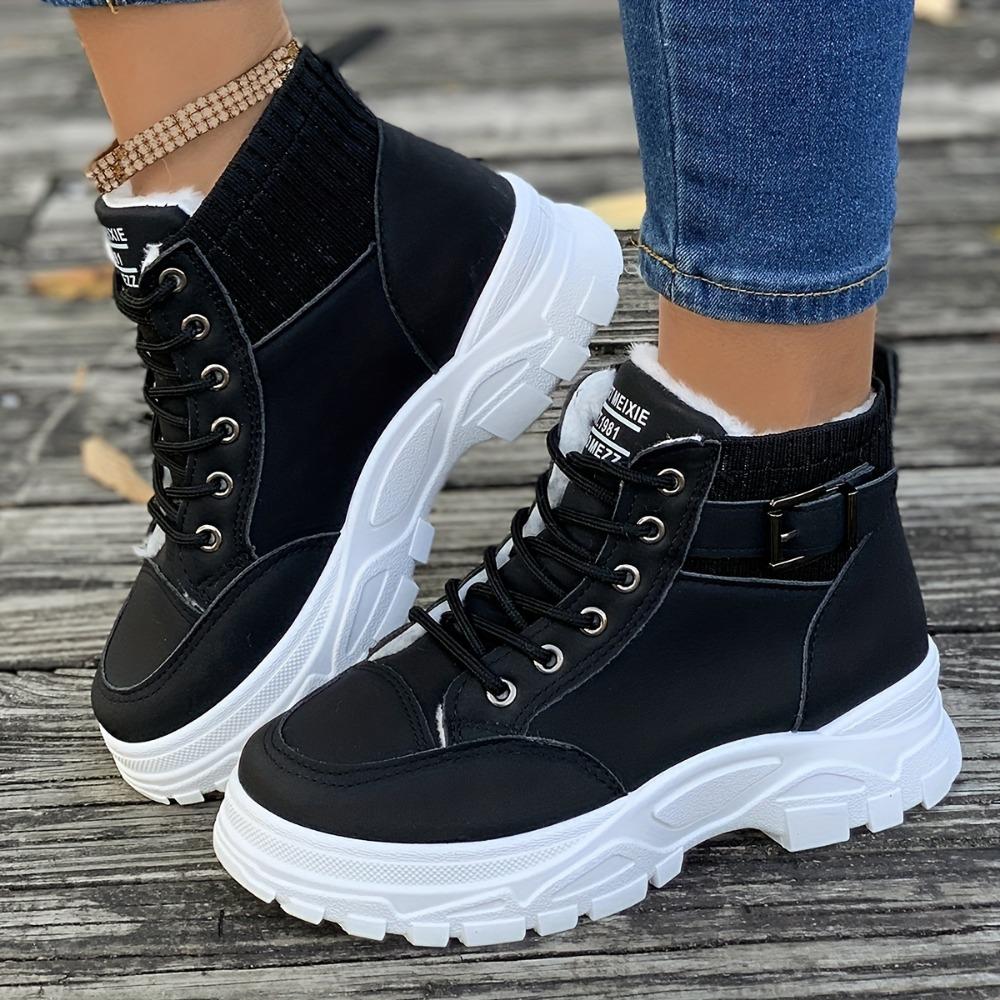 Übergrößen Damen Schuhe Knöchel Damen Stiefel Plateau Freizeitstiefel Damen Runde Zehenpartie Mittelhoher Absatz Schnürung vorne Warm Damen Schuhe 41 schwarz