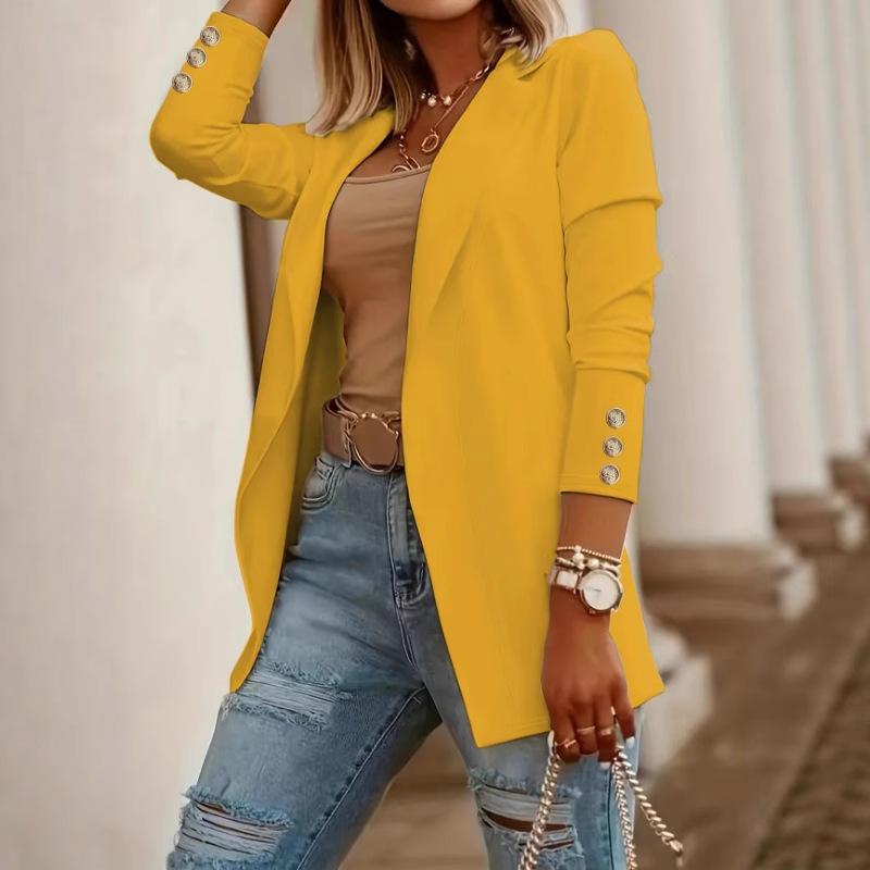 Herbst Winter Frauen Mode Einfarbig Revers Anzug Jacke Büro Freizeit Anzug M gelb