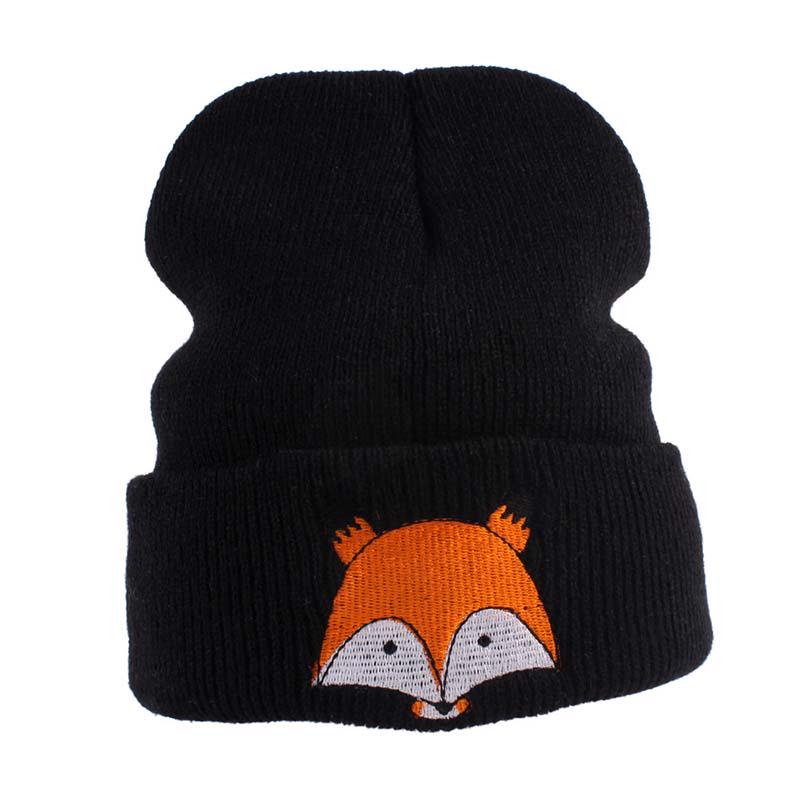 Kinder Cartoon Fuchs Muster Stricken Baby Hut Herbst Kinder Winter Kappe Warme Mützen Caps schwarz