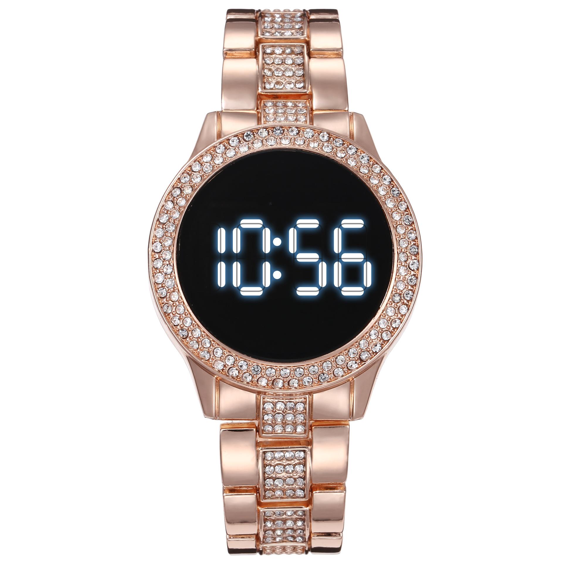 Touchscreen LED Digital Frauen Uhr Strass Damen Edelstahl Armbanduhren Quarz Uhren rose gold