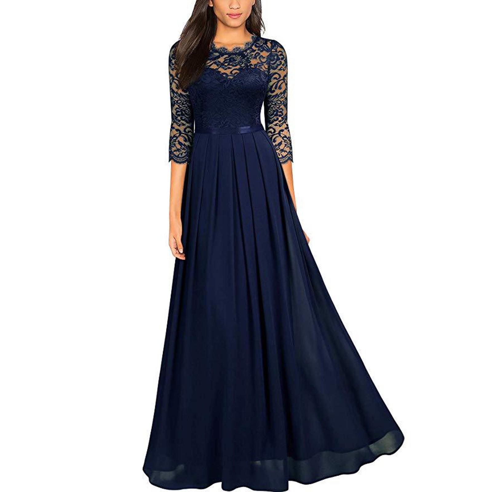Chiffon-Kleid, Chiffon-Nähte, Spitzenkleid, Brautjungfern, Abendkleider für Damen S dunkelblaue
