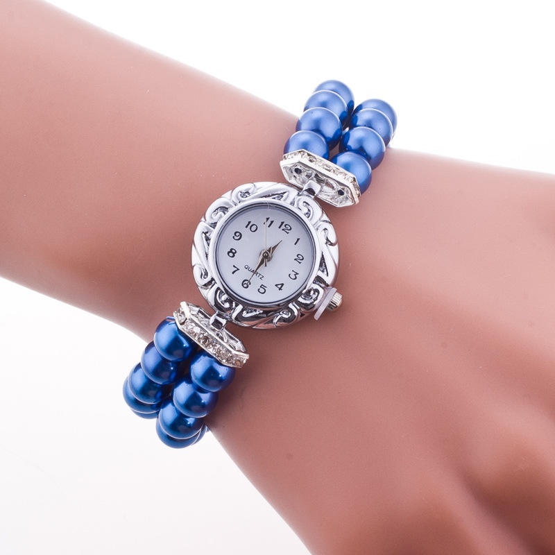 Elegante Armbanduhren für Mädchen, Studenten, Freizeituhren, modische Perlenarmbanduhren für Damen blau