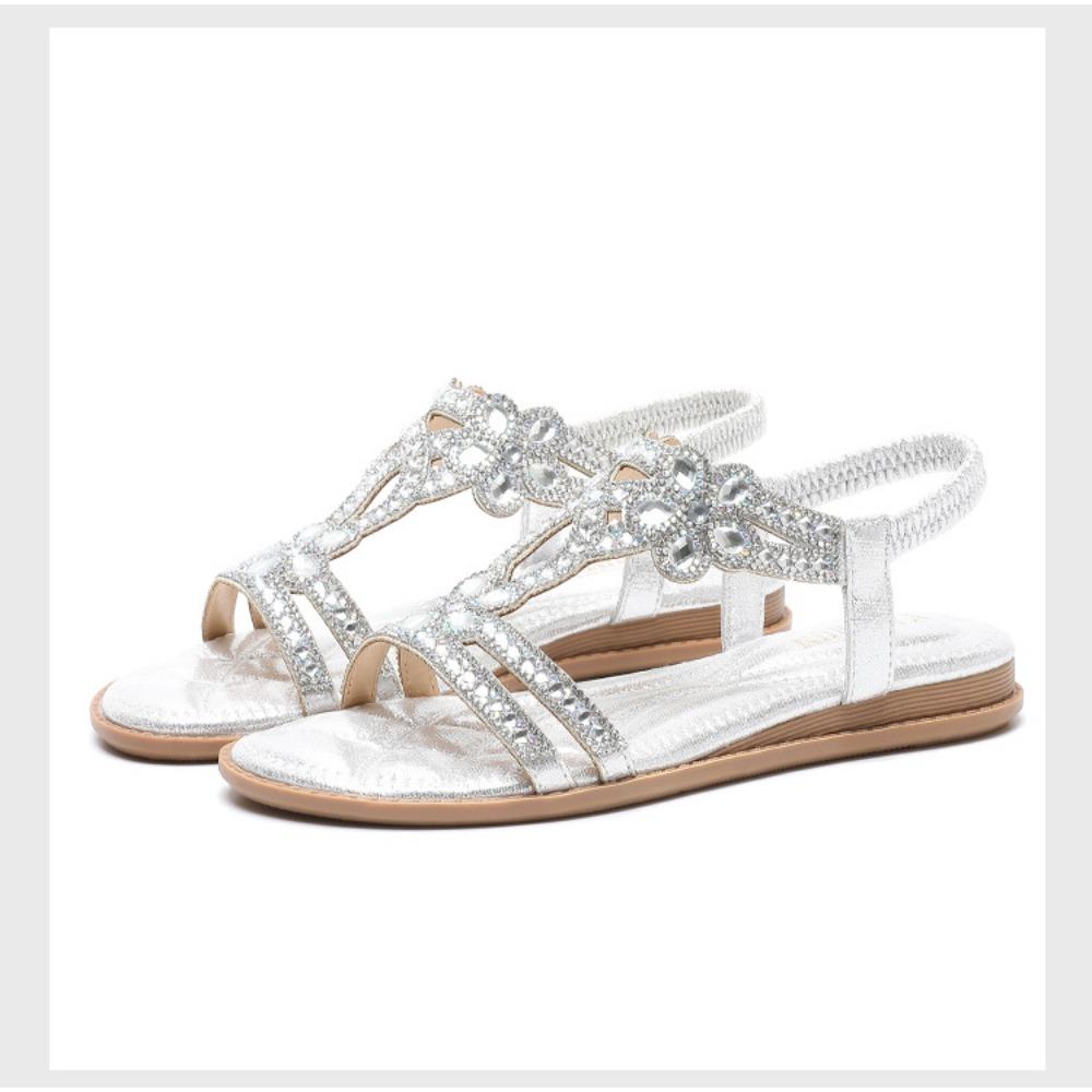 Große Größe Ausgehöhlt, Grenzüberschreitende Flachboden-Strass-Sandalen, Böhmische Bequeme Damen-Sommerschuhe 39 silber