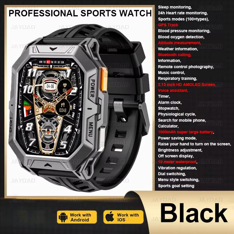 2025 Neue Herren Sport Smartwatch 1000mAh Ultra Langlebig GPS Tracker Kompass 10ATM Wasserdicht Kompass Bluetooth Anruf Smartwatch schwarz