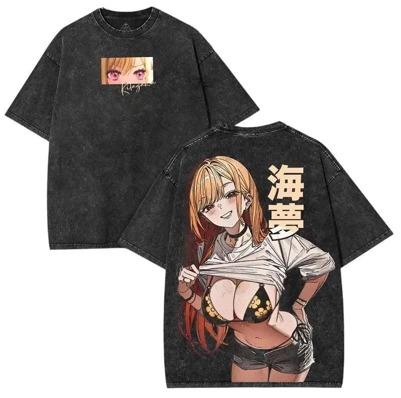 Mein Dress-Up Darling Marin Kitagawa Teufel Cosplay Vintage Säurewaschung Beidseitig Grafik Oversized Schwarzes T-Shirt | Anime Fan Streetwear Merch Tee M blau