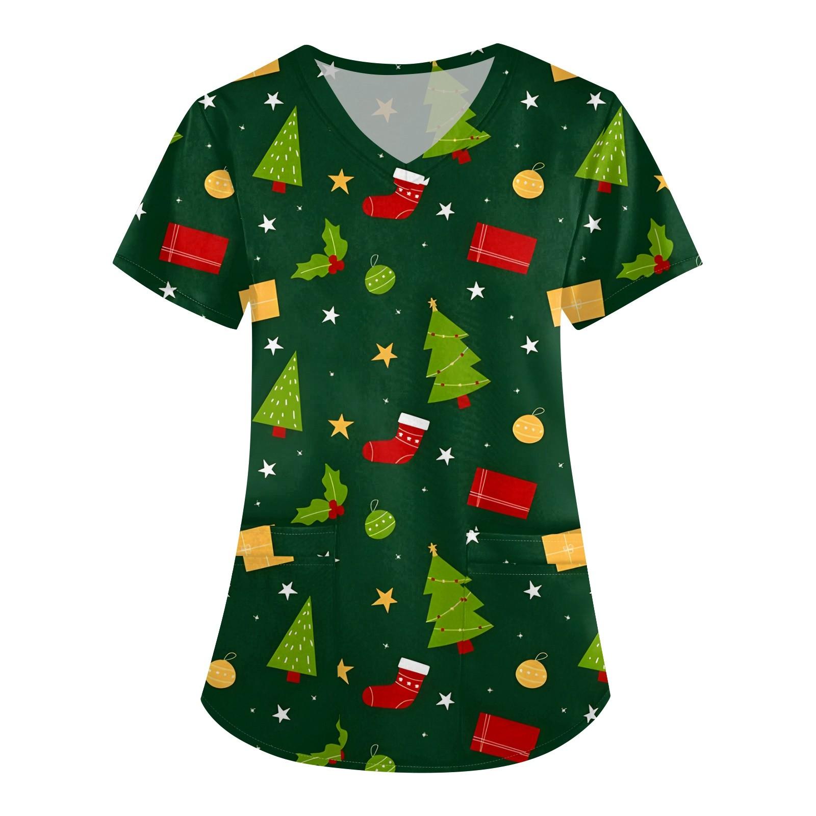 Damenmode V-Ausschnitt Kurzarm Arbeitskleidung mit Tasche Weihnachtsdruck Top XL