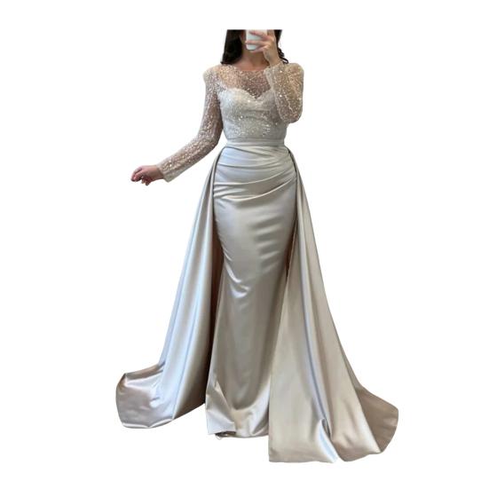 Pailletten Durchsichtiges Mesh Langarm Maxi Kleid für Damen Fließendes Glitzer A-Linien Langes Kleid Formelles Cocktail Abendkleid L silber