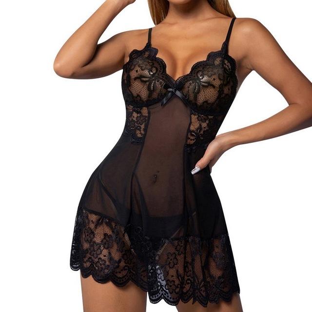 Erotische Kostüme Unterwäsche Nachthemd G-String Frauen Tanga Perspektive Sexy Dessous Spitze Nachthemd V-Ausschnitt Dessous Pyjamas Set XL schwarz