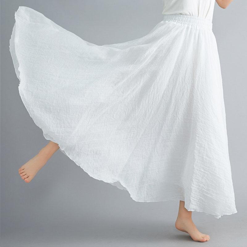 Sommer Herbst Damen Rock Literarisch Große Baumwolle Leinen Halbrock Elastische Taille Leinen A-Linie Rock Langer Abschnitt Reine Farbe Wind Swing Rock M weiß