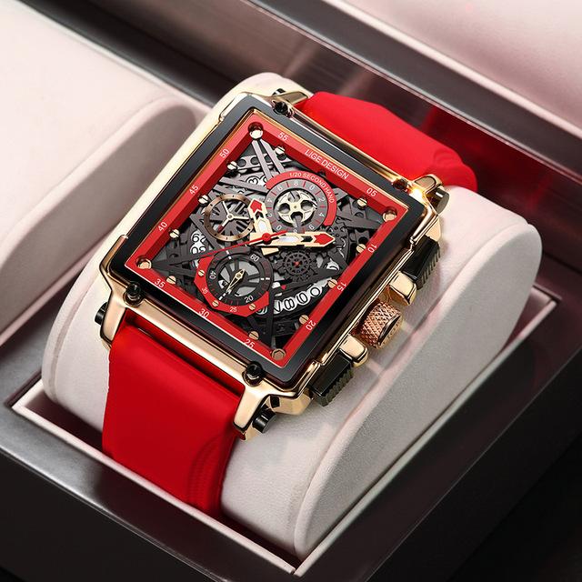 Hohl Platz Herren Uhren Chronograph LIGE Marke Luxus Automatische Datum Männer Uhr Wasserdichte Männliche Armbanduhren gold/rot