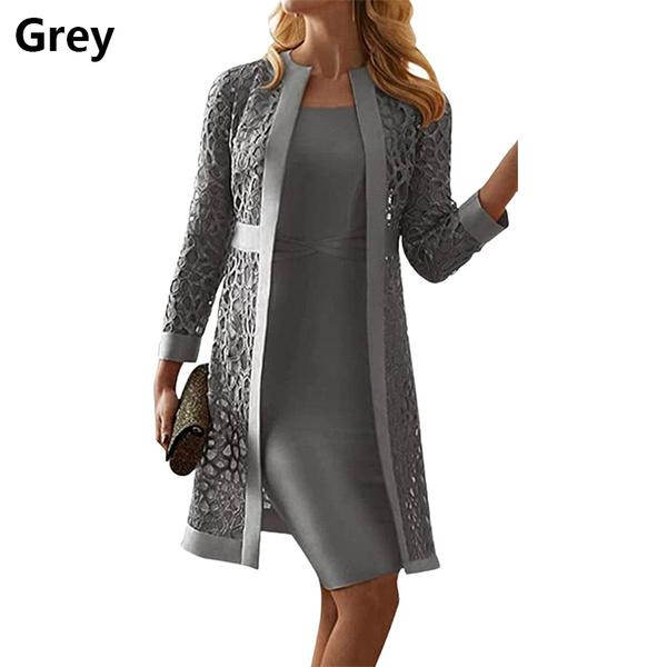 Elegantes Abendkleid mit langen Ärmeln für Damen, neue modische Kleider für die Brautmutter, knielange formelle Party-Abendkleider in Übergröße XXXXXL grau