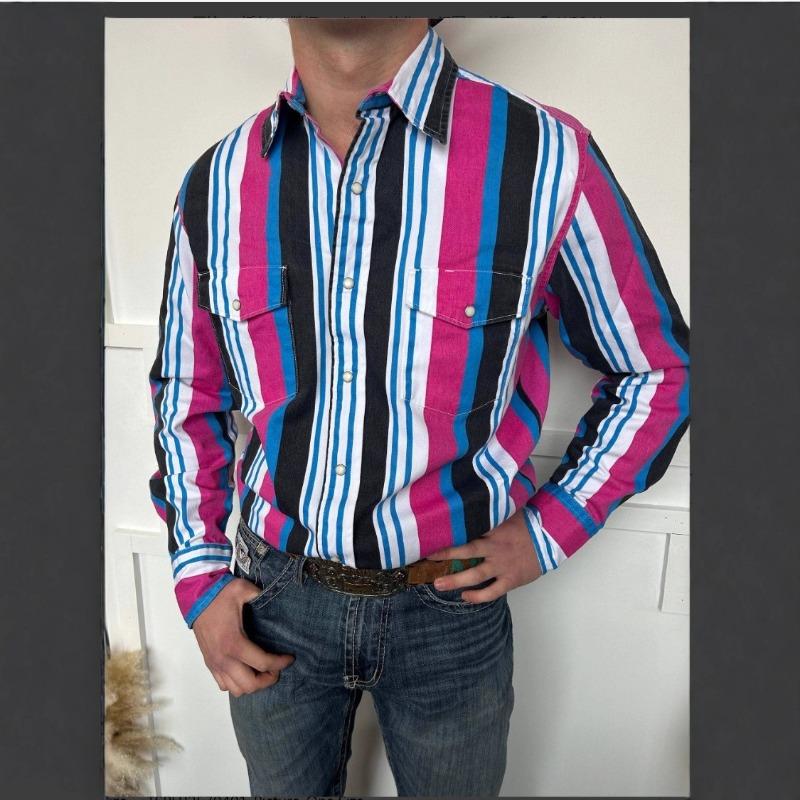 Herren Retro Western Gestreiftes Hemd Lässig Kurzarm Knöpfe Cowboy Stil Hemd XXL schwarz