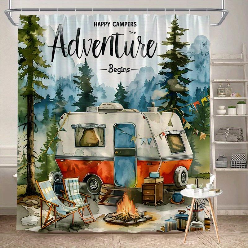 Vintage Wohnwagen Duschvorhang 180x180cm – Happy Campers, Waschmaschinenfest, 12 Haken Badezimmer dekorativer Duschvorhang 300X180cm(118x70in)