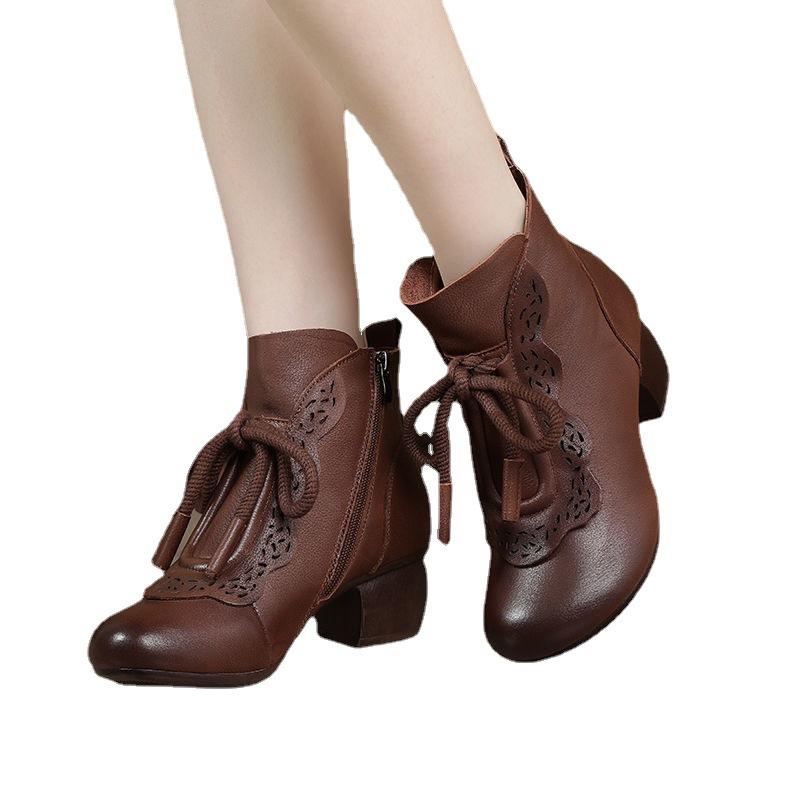 Neue Mode Vintage Kurze Stiefel frauen Runde Kopf Mittlere Starke Ferse Seite Zipper Lace up frauen Stiefel Mode 40 braun