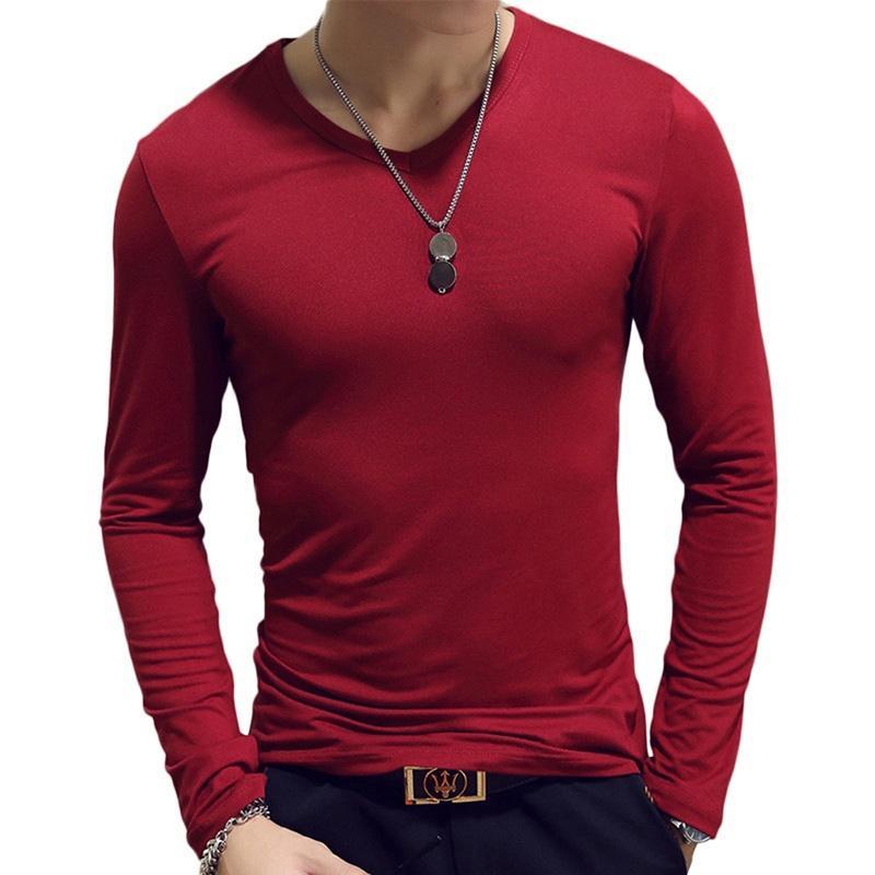 Herrenbekleidung, 7 Farben, lässig, Slim-Fit, einfarbig, langärmelig, O/V-Ausschnitt, Baumwolle, T-Shirts M-V neck wein rot